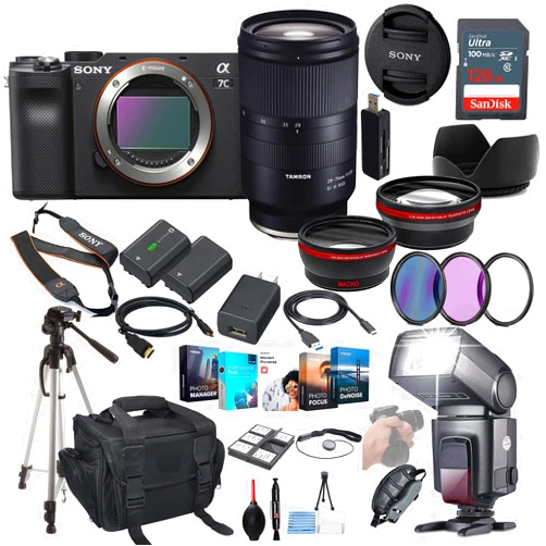 Sony a7C Mirrorless Camera Bundle (Black)- ILCE7C/B with Tamron 28-75mm Lens + Prime Accessory Package Including 128GB Memory, TTL Flash, Extra Battery, Software Package, Auxiliary Lenses & More
