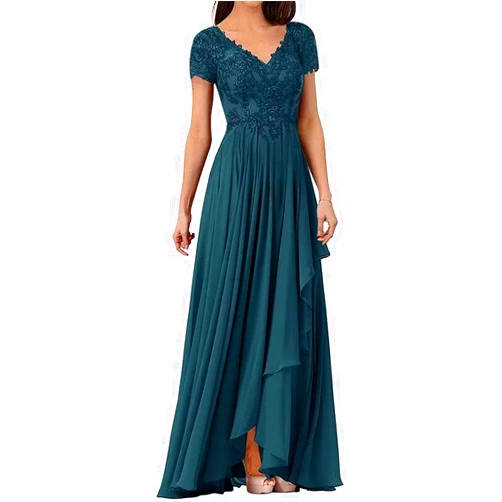 SFMAOYI Mother of The Bride Dress Cap Sleeves Lace Applique Groom's Mother Dresses V Neck Formal Wedding Party Gowns Peacock