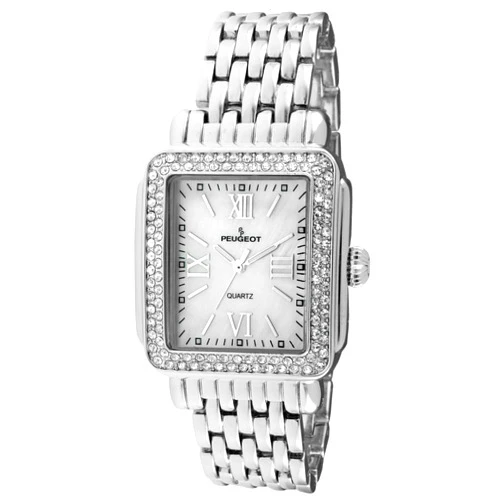 Peugeot Women Rectangle Dress Watch with Crystal Decorated Bezel, Roman Numerals and Bracelet