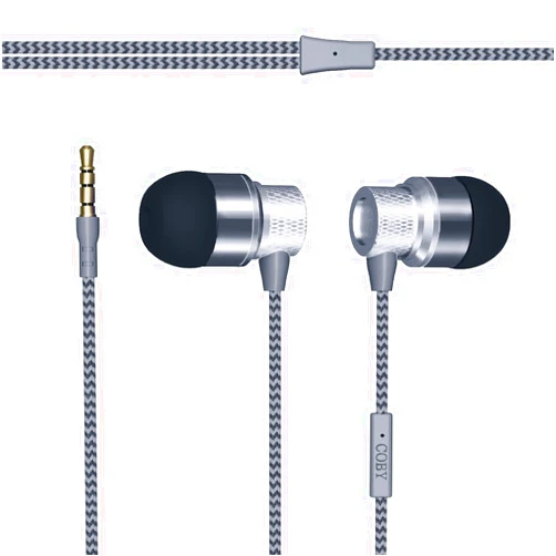 Coby Jammerz Metal Stereo Earbuds, Wired Earbuds with Built-in Microphone, Noise-Isolating Earphones with 3.5-Millimeter Jack, Hi-Fi Audio, Tangle-Free Braided Cable, 3 Sizes of Ear Gels Included
