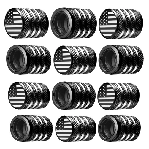 DECURCAR Tire Valve Stem Cap Cover - (12 Pack) Tire Air Cap Metal with Plastic Liner Corrosion Resistant Leak-Proof American Flag for Car Truck Motorcycle Bike Black