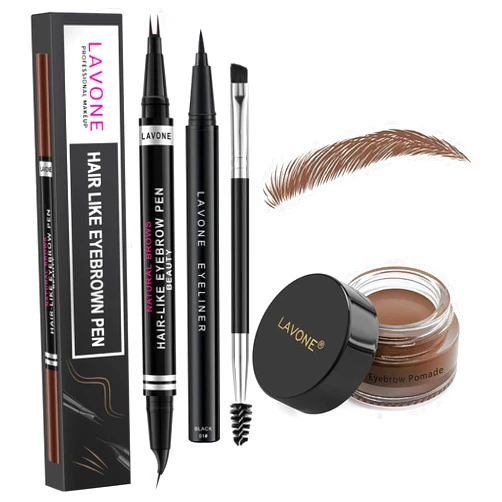 LAVONE Hair-Like Eyebrow Pen Makeup kit, Eyebrow Pencils for Women with Waterproof Microblading Eyebrow Pencil, Eyebrow Pomade, Eyeliner and Eyebrow Brush, Create Full, Natural Brows, Dark Brown