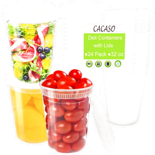 CACASO 24 Sets,32 oz Deli Containers with Lids,Plastic Food Storage Containers with Airtight Lids,32oz Soup Containers with Lids,Freezer Storage Containers for Soup,Stackable,Microwave/Dishwasher Safe