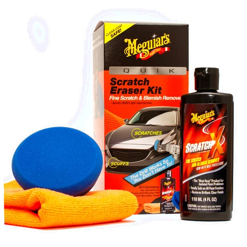 Meguiar's Quik Scratch Eraser Kit, Car Scratch Remover for Repairing Surface Blemishes, Car Care Kit with ScratchX, Drill-Mounted Pad, and Microfiber Towel, 3 Count