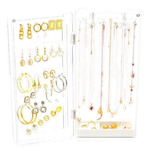 Jenseits Acrylic Jewelry Holder Organizer Box, Necklace Organizer Earring Holder Stand, Rotating 24 Hooks Clear Hanging Rack Storage Tree Display with Velvet Tray For Bracelets Rings, Gift for Her