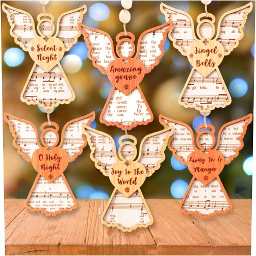 OuMuaMua 6Pcs Christmas Tree Decorations Angel Music Sheet Ornaments Set Wooden Music Instrumental Angel-Shaped Decorative Hanging Pendants for Xmas Tree Holiday Winter Home Decor Xmas Gift Ideal