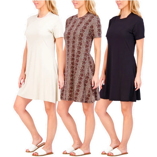 Real Essentials 3-Pack: Womens Soft Lounge Swing Casual T-Shirt Dress (Available in Plus Size)