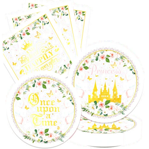 Generic 40Pcs Princess Castle Floral Birthday Party Supplies For 20 Guests - Disposable Crown Party Plates And Napkins For Baby Shower Birthday Party Decorations