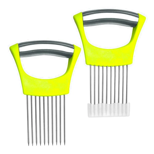 NIUGRECF 2 Pcs Onion Slicer holder,Premium Vegetable Slicing Tool for Potato and Tomato, Food Cutter Assistant Tool for Slicing Fruit Lemon and Meat, Stainless Steel Kitchen Tool, (Green)