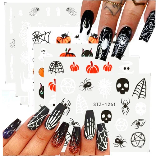 Diduikalor 6PCS Halloween Nail Art Stickers 3D Nail Decals Skeleton Spider Design Nail Art Design Self Adhesive Nail White Skull Element Design Nail Stickers for Women Nail