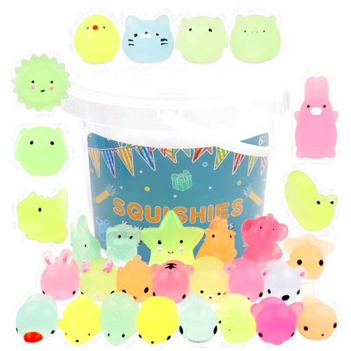 POKONBOY 23 Pack Squishies Mochi Squishy Toys Glow in The Dark Party Favors for Kids - Mini Kawaii Squishies Mochi Animals Stress Relief Squishy Pack Squishy Cat Squishys with Storage Box