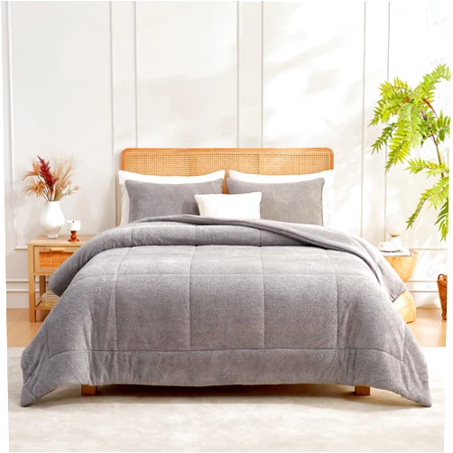 Snuggle Sac Ultra Soft Queen Comforter Set Grey, 3 Pieces Solid Warm Sherpa Fluffy Bedding Comforters Sets Queen Size (1 Comforter, 2 Shams)