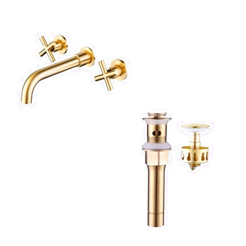 Besfocet Brushed Gold Wall Mount Faucet and Bathroom Sink Drain