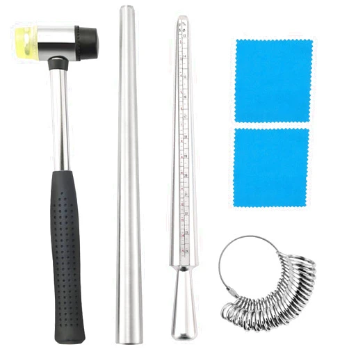 AMGSH Ring Mandrel Sizer Tool with Metal Mandrel Finger Sizing Measuring Stick and Ring Sizer Guage of 27 PCS Circle Models Jewelry Sizer Tool and Rubber Jewelers Hammer