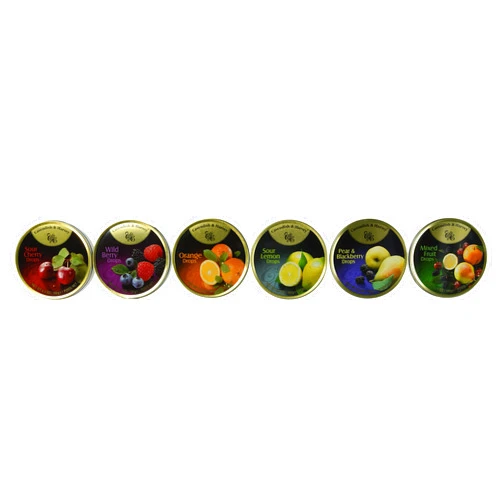 Cavendish & Harvey | Variety Flavor Hard Candy Drops | Sour Cherry, Wild Berry, Orange, Sour Lemon, Pear & Blackberry, Mixed Fruit | 5.3 Ounce Tins - 6 Pack
