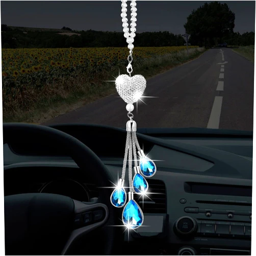 Frienda Bling Heart Car Charms Car Accessories for Women Christmas Crystal Rear View Mirror Hanging Charm Diamond Decoration Lucky Interior Ornament Pendant Gift for Valentine(9.8 Inch,Blue)