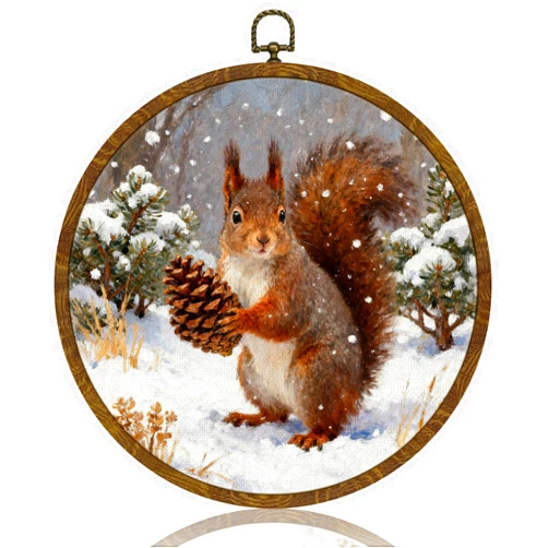HEYJEEPER Cute Squirrel Wall Art Decor, Vintage Snowy Forest Wildlife Round Hanging Artwork, Rustic Winter Foraging Squirrel Wall Hanging Decor for Farmhouse Living Room Cabin Entryway and Office,Gift for Christmas 10Inch (Brown-Squirrel)
