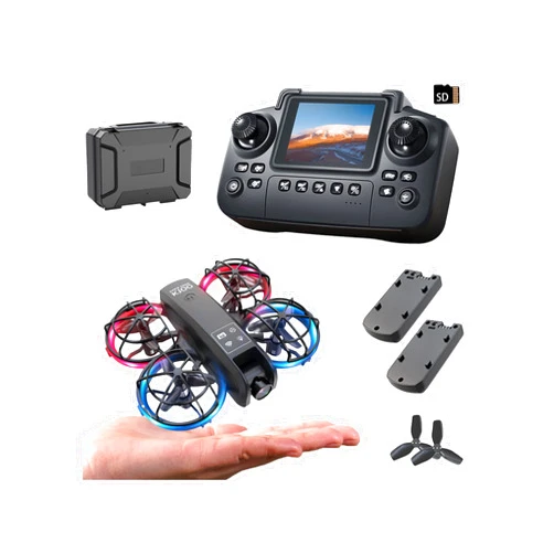 Elecci K100 Mini Drone with Screen Controller with SD Card, Two-batteries, Optical Flow Positioning, All-round Protection for Flight Paddles, Suitable for Beginner. (2 batteries - Black)