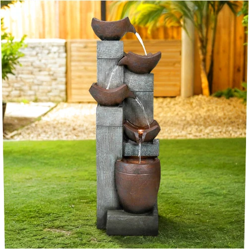 SunJet 5-Tier Modern Water Fountain, Outdoor/Indoor Resin Water Fountains with Soothing Water Sounds & Warm LED Light, Perfect for Garden, Patio, Home & Office, 13.7