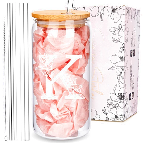 Mozaba Personalized Tumbler, Monogrammed Can Glass Cups with Bamboo Lids and Straws, Customized Gifts for Women, Cute Design Initial Iced Coffee glasses, Custom Letter Mug, Birthday Bridesmaid, K
