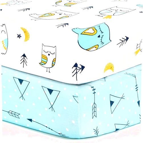 BROLEX Pack n Play Sheets, BROLEX 2 Pack Mini Crib Sheets,Stretchy Portable Fitted Playard Sheet Set, Convertible Playard Mattress Cover,Ultra Soft Breathable Material,Arrow Owl