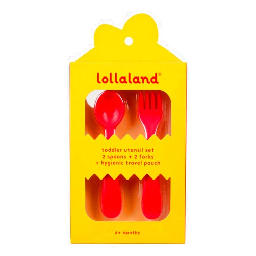Lollaland 5 Piece Plastic Toddler Silverware Spoon and Fork Utensil Set - Reusable Toddler Cutlery With Hygienic Travel Pouch (Red) - 1 SET