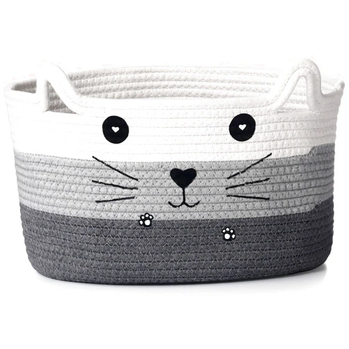 Zopeal Cat Basket Storage Woven Basket Organizer with Ears Decorative Pet Toy Cute Basket Cotton Rope Basket for Gift Cat Dog Toy Bin Nursery Room(13.7 x 7.8 Inch,White, Light Gray, Dark Gray)