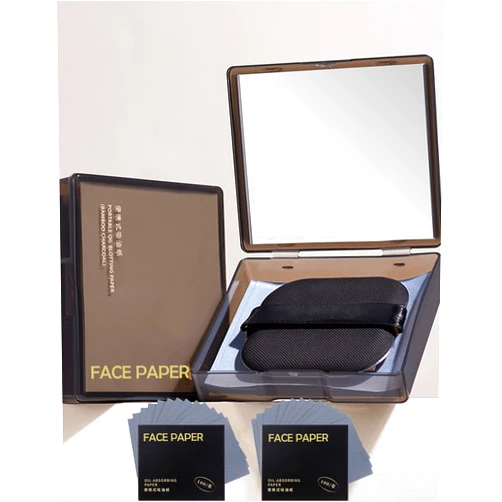 Okerker Bamboo Charcoal Oil Blotting Paper - 300 Sheets w/Mirror, Puff & Refills, Absorbs Excess Face Oil, Controls Shine, Gentle for Makeup Use.