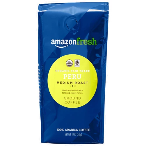 Amazon Fresh Organic Fair Trade Peru Ground Coffee, Medium Roast, 12 Ounce