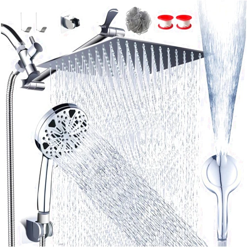 Razime 12''Rainfall Shower Head with Handheld Combo High Pressure 8+2 MODE built-in power wash, Stainless Steel Chrome Showerhead with 11'' Extension Arm Height/Angle Adjustable with Holder&60