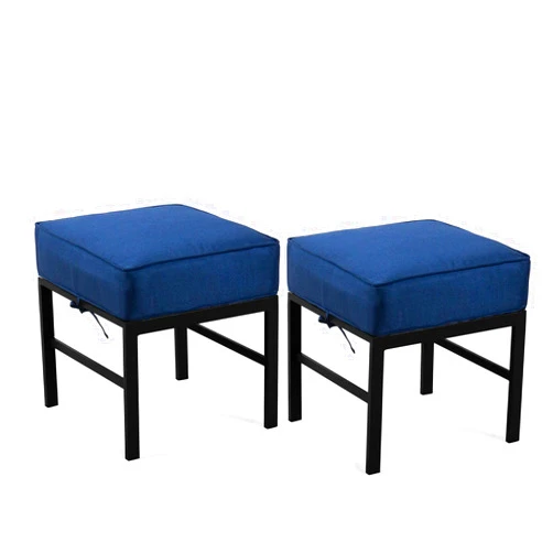 Auzfy 2 Pieces Outdoor Patio Ottomans, Assembled Aluminum Outdoor Ottoman with Blue Cushions, Aluminum Small Outdoor Foot Stools for Patio Porch Yard Garden Deck, Black Frame