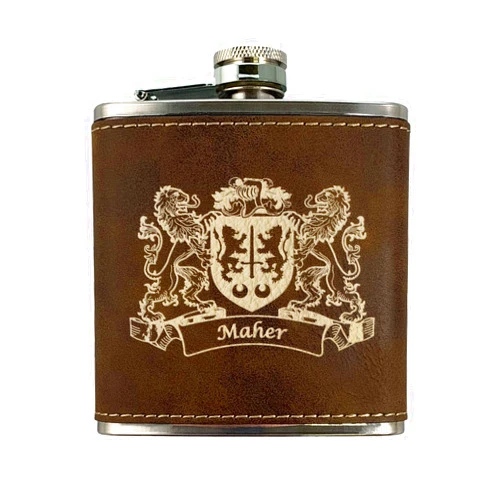 Irish Rose Gifts Maher Irish Coat of Arms Leather Flask - Rustic Brown