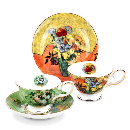 AOTELIDA Floral Tea Cups Saucers Set of 2, Van Gogh Paintings Bone China 7 oz British Teacups Porcelain Tea Cups Coffee Cup for Rose Tea Cappuccino Espresso Latte (White Roses & Flowers Vase)