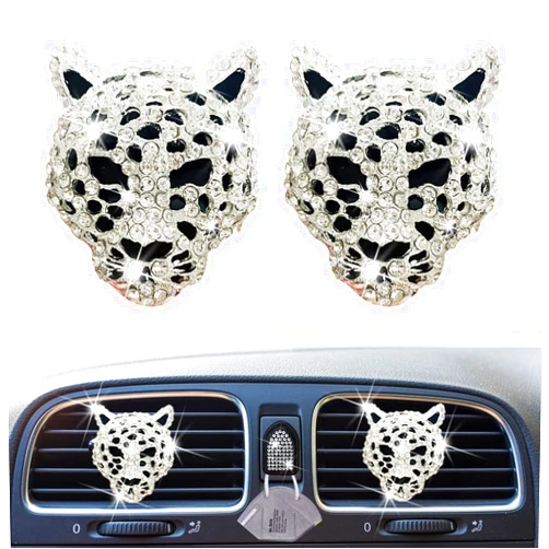 Xinjincang 2 Pcs Bling Leopard Air Vent Clips, Crystal Car Air Fresheners Vent Clips Diffuser Vent Clip Rhinestone Leopard Decoration Car Interior Decor Bling Accessories for Women (Silver)