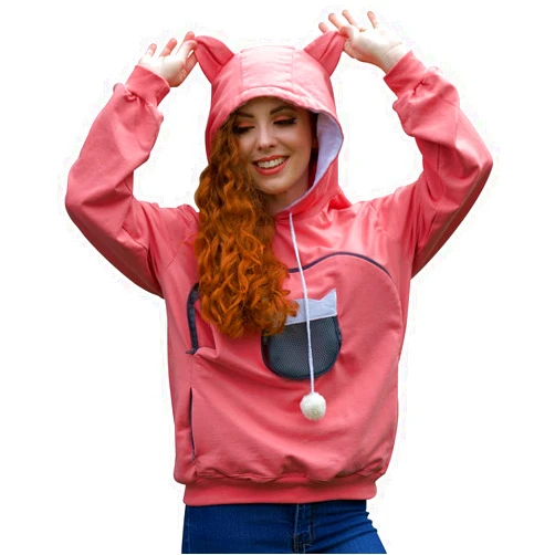 ALYC Unisex Hoodies Pet Holder Cat Dog Large Pouch Carriers Pullover with Cat Printing Sweatshirt (Light Pink-S)