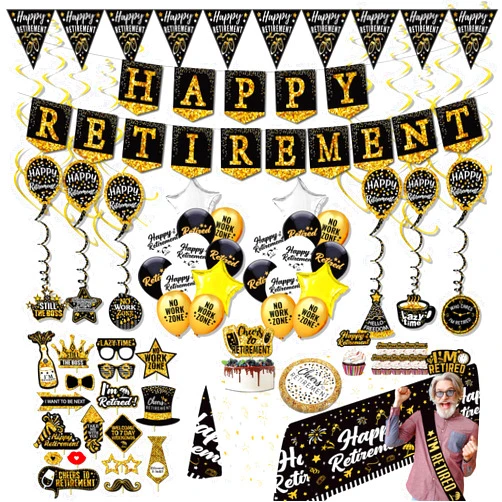 Jenlion Happy Retirement Party Decorations supplies - (80pack) black gold party Banner, Pennant, Hanging Swirl, retirement balloons, Tablecloths, cupcake Topper, Crown, plates, Photo Props, retired Sash
