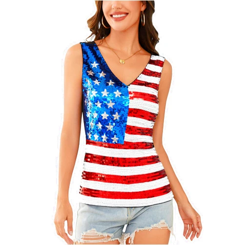 Anna-Kaci Women's American Flag V-Neck Sequin Tank Tops Sleeveless USA Patriotic Glitter Disco Club Party Vest