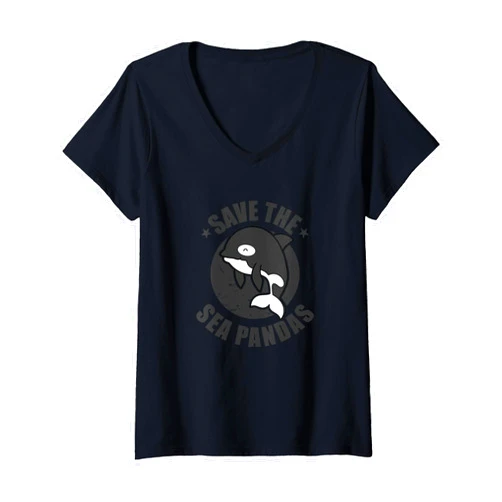 Whale animal ocean large swim sea creature Womens Save the Sea Pandas Dolphins and Whales V-Neck T-Shirt