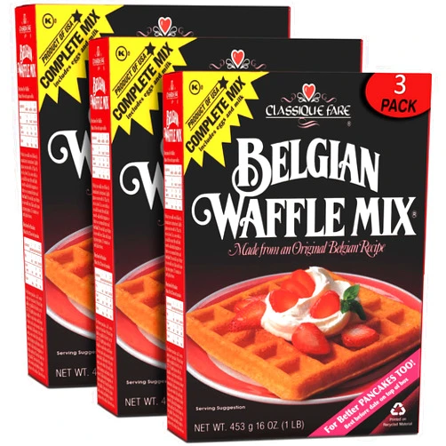 Classique Fare Belgian Waffle Mix - Makes Light and Crisp Waffles, Pancakes, Muffins & Crepes - Works with Waffle Maker - Fast and Fresh Breakfast Foods - 16 Oz Boxes (Pack of 3)