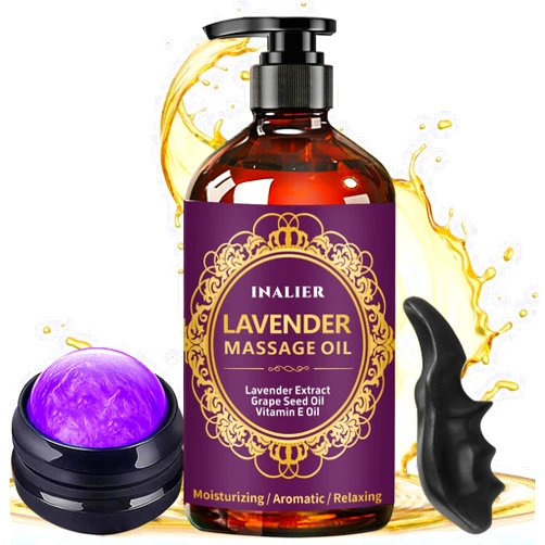 INALIER Massage Oil for Massage Therapy,﻿Lavender Oil with Massage Roller Ball & Thumb Saver,SPA Relaxing Oi for Soothing,Massage Kit Spa Gifts for Him Her,Gifts for Men Women