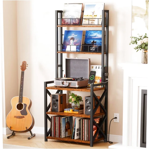 Epouseter Record Player Stand with Power Outlet, 5-Tier Vinyl Record Storage Rack with Turntable Stand, LP Album Organizer & Display Rack, Media Storage Cabinet for Living Room Bedroom Music Corner