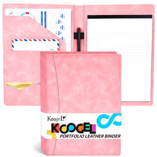 Koogel Portfolio Leather Binder, Pink Portfolio Folder for Legal Pad Organizer with 30 Sheets Writing Notepad