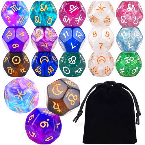 Amiven 6 Sets Astrology Dice, Signs Planets Numbers 12-Sided Dice Divination Tool