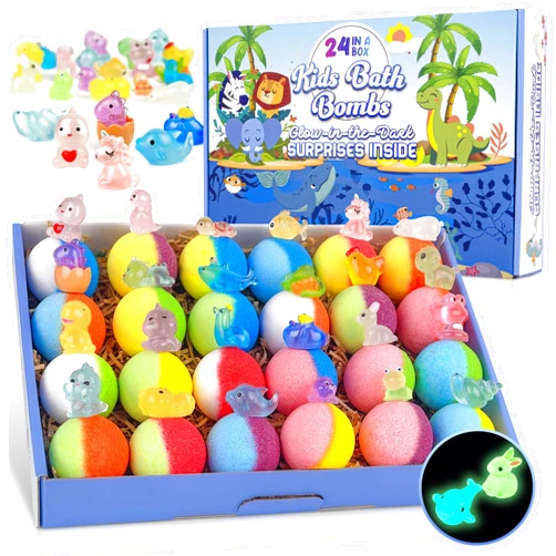 BYGGVIR Bath Bombs for Kids, 24pcs Bath Bombs with Glow in The Dark Surprise Inside, Natural and Organic Colorful Bubble Bath Fizz for Kids, Perfect Birthday, Halloween, Or Christmas Gift for Boys and Girls!