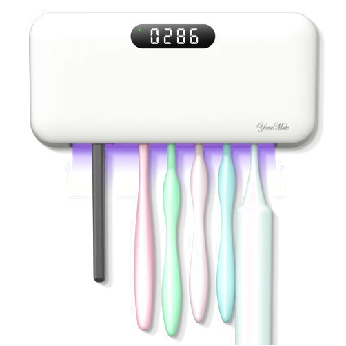 YourMate UVC Toothbrush Sanitizer Holder for Bathrooms 4000mAh Rechargeable Wall Mounted Toothbrush Sterilizer 3-Minute Automatic Sterilization Built-in Fan Quick Drying, No-Drill Installation, White