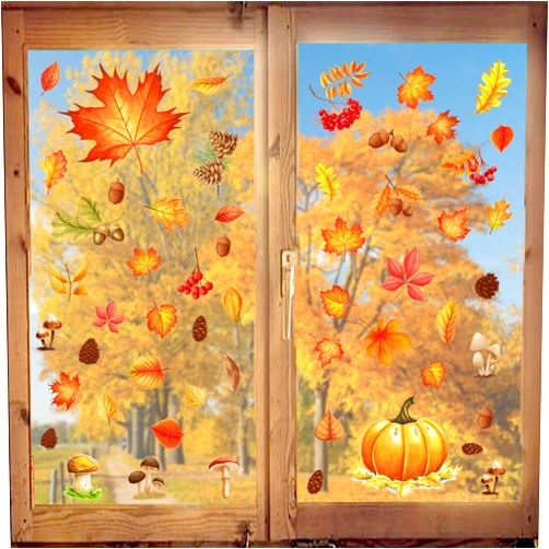 Afmivs Fall Window Clings for Glass Windows Thanksgiving, 71pcs Autumn Window Clings Maple Leaf Pumpkin Nuts Window Stickers Decals Decor, 7 Sheets Fall Decorations for Classroom Office Home Clearance
