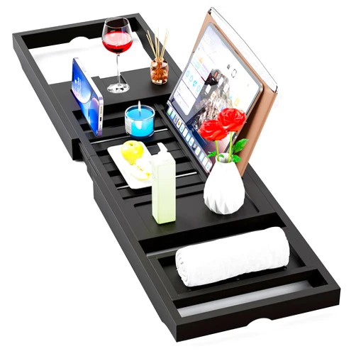 Yirilan Foldable Bathtub Caddy, Expandable Bath Tray, Unique House Warming Gifts, New Home, Anniversary and Wedding Gifts for Couple, Black