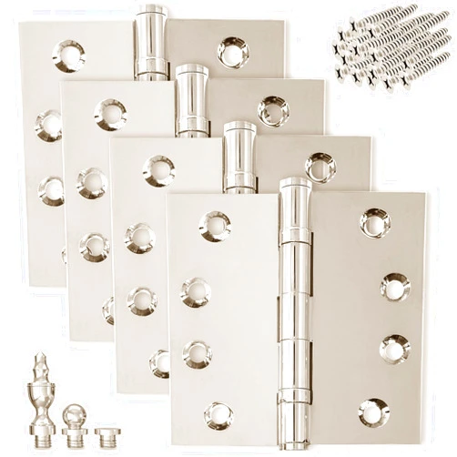 FINSBURY HARDWARE Solid Brass Door Hinge Heavy Duty Ball Bearing Shiny Silver 4x4 Inch with Decorative Screw-on Tips Included - Set of 4 Hinges (Polished Nickel)