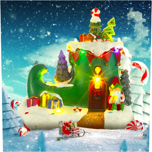Hollowfly ELF Christmas Village Decor Lighted Christmas Village House with Music Christmas Collectible Buildings for Christmas Village Decor Landscape Decor(Christmas Boots)