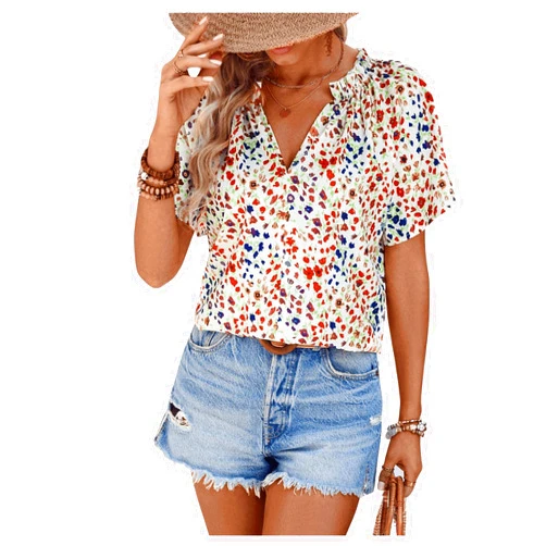 RoseSeek Women's Floral Boho V Neck Frill Blouses Dressy Casual Short Sleeve Shirts Tops